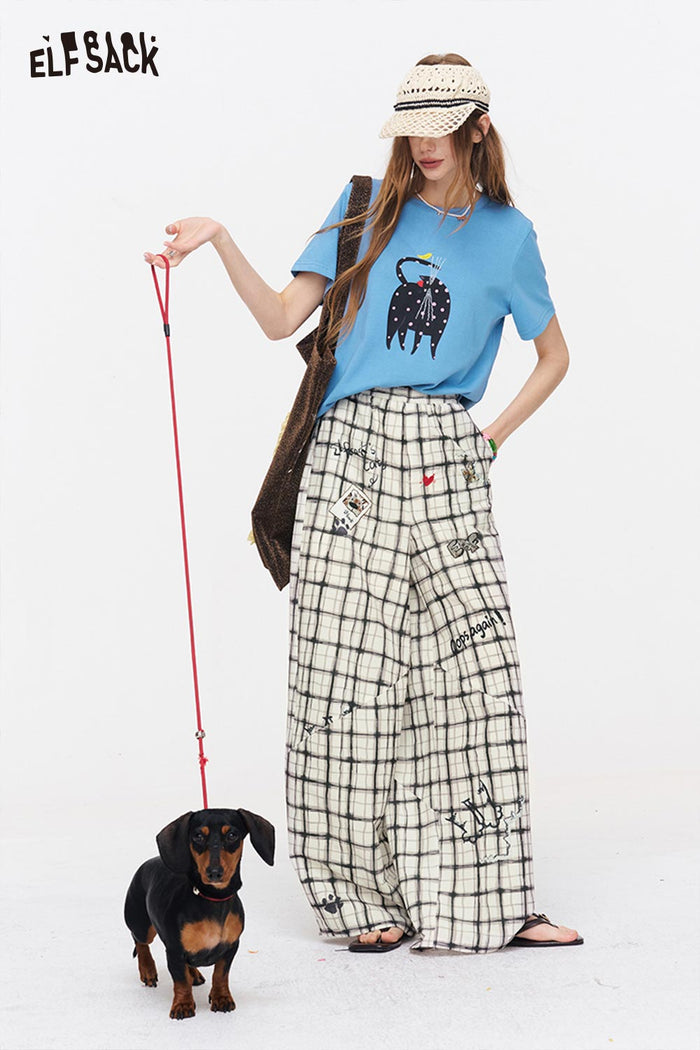 ELFSACK Plaid Graffiti Print Baggy Pants