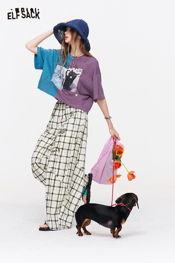 ELFSACK Plaid Graffiti Print Baggy Pants