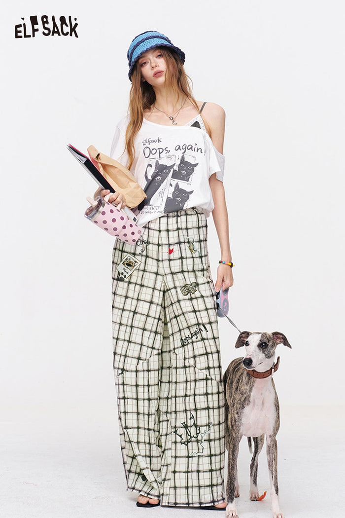 ELFSACK Plaid Graffiti Print Baggy Pants