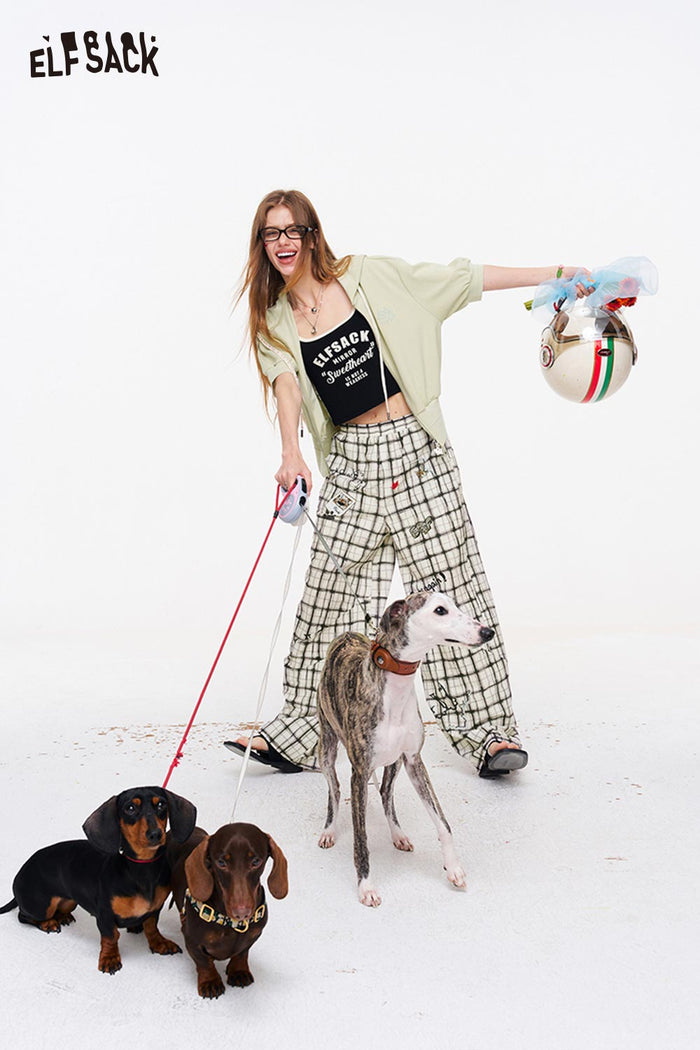 ELFSACK Plaid Graffiti Print Baggy Pants