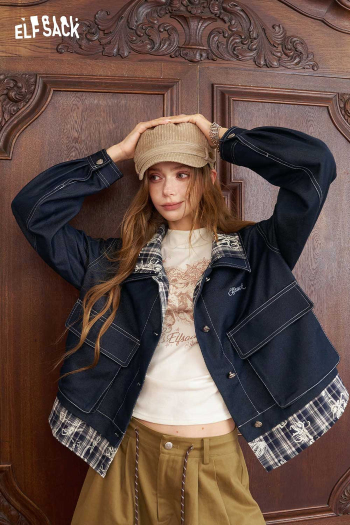 Plaid Patchwork Cropped Casual Jacket