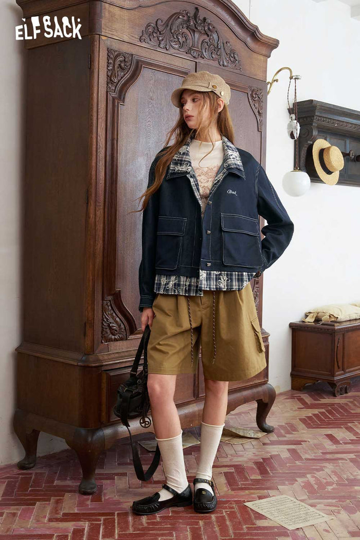 Plaid Patchwork Cropped Casual Jacket