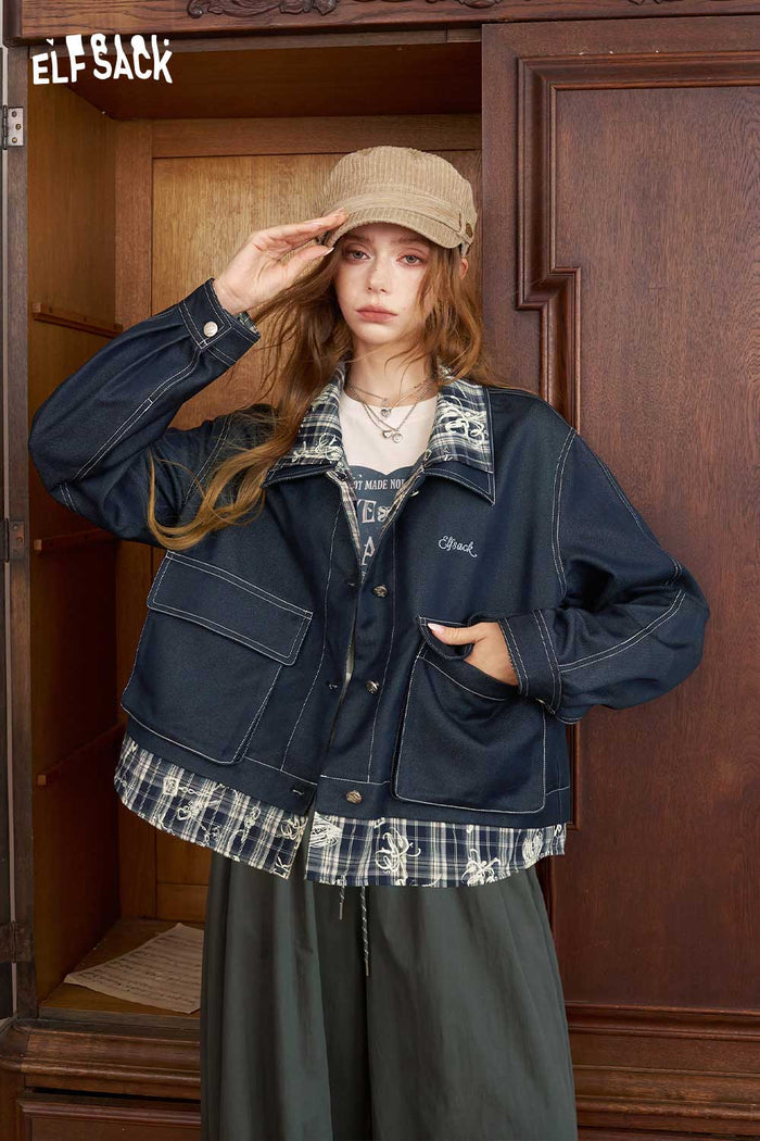 Plaid Patchwork Cropped Casual Jacket