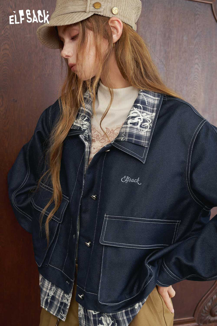 Plaid Patchwork Cropped Casual Jacket
