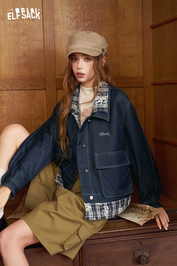 Plaid Patchwork Cropped Casual Jacket