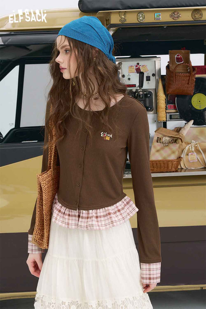 ELFSACK Plaid Patchwork Embroidered Knit Top