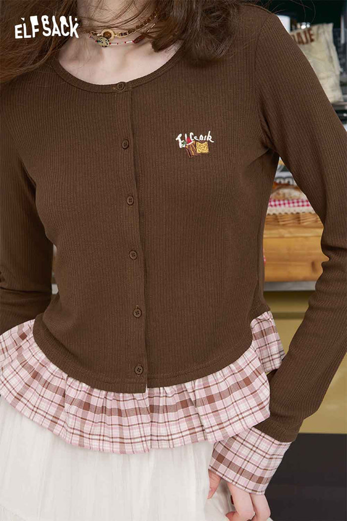 ELFSACK Plaid Patchwork Embroidered Knit Top