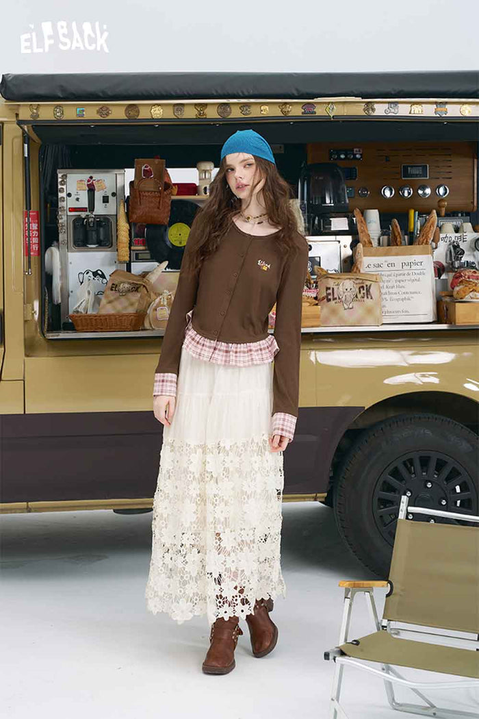 ELFSACK Plaid Patchwork Embroidered Knit Top