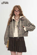 Plaid Patchwork Embroidered Star Lapel Puff Sleeve Crop Jacket