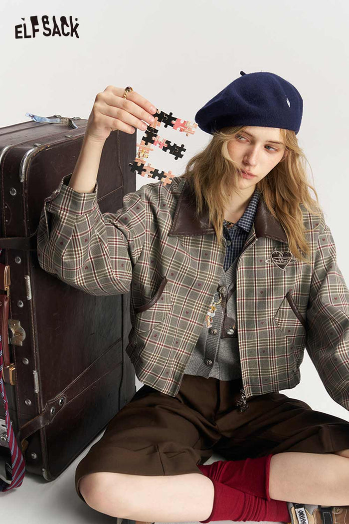 Plaid Patchwork Embroidered Star Lapel Puff Sleeve Crop Jacket