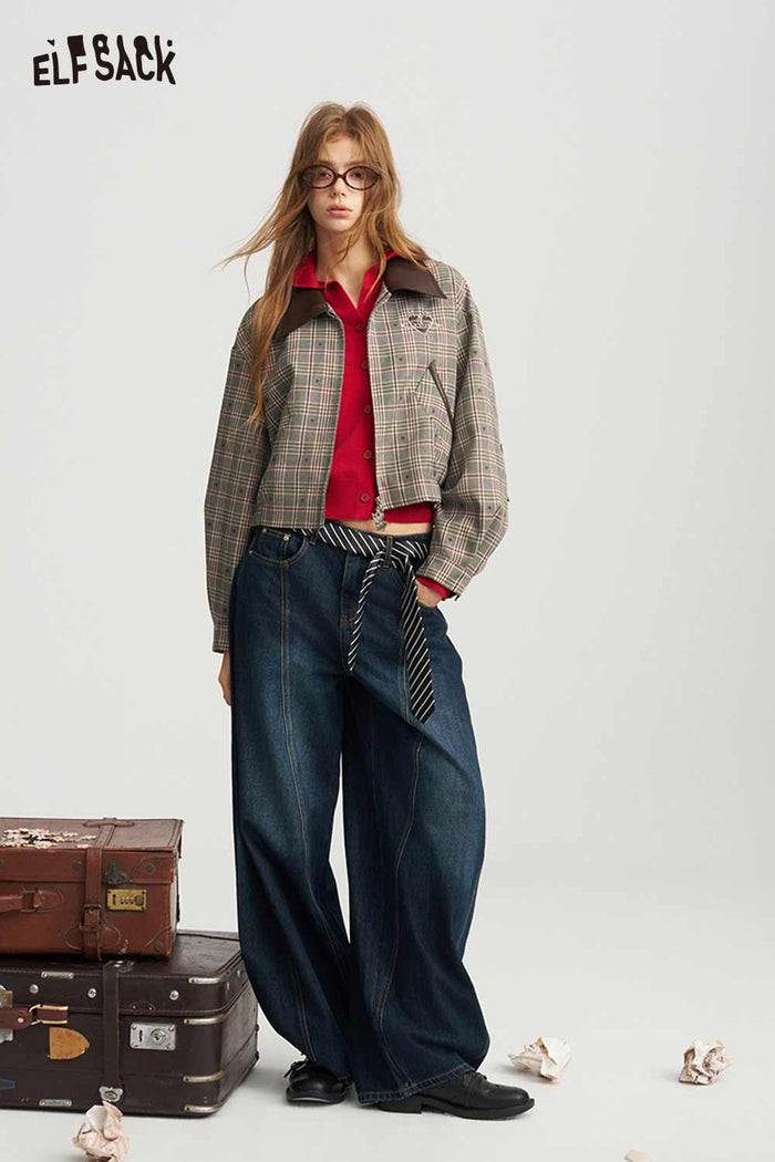 Plaid Patchwork Embroidered Star Lapel Puff Sleeve Crop Jacket