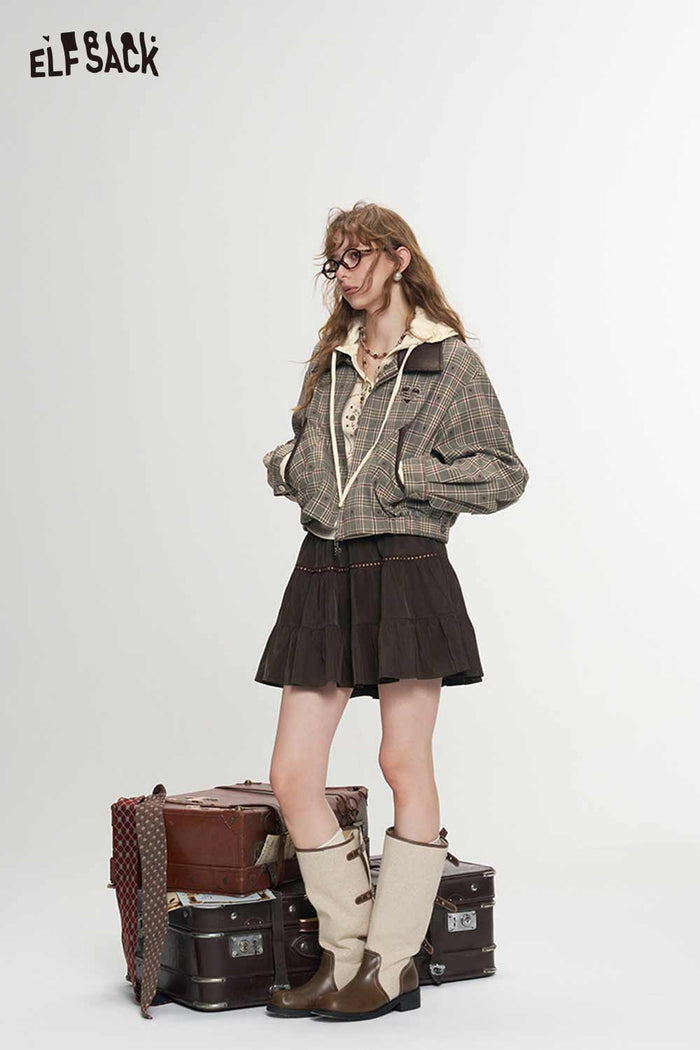 Plaid Patchwork Embroidered Star Lapel Puff Sleeve Crop Jacket