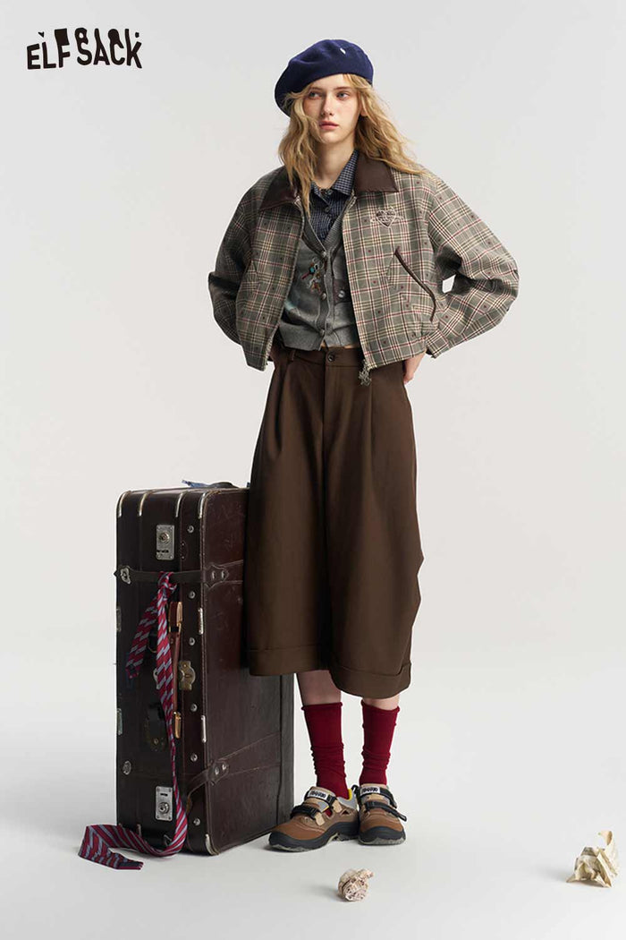 Plaid Patchwork Embroidered Star Lapel Puff Sleeve Crop Jacket