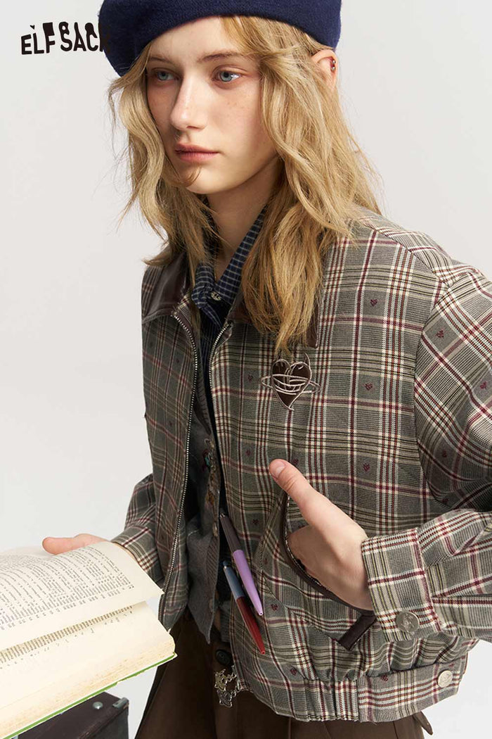 Plaid Patchwork Embroidered Star Lapel Puff Sleeve Crop Jacket