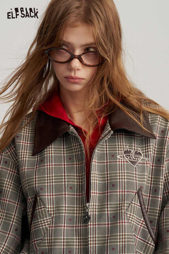Plaid Patchwork Embroidered Star Lapel Puff Sleeve Crop Jacket