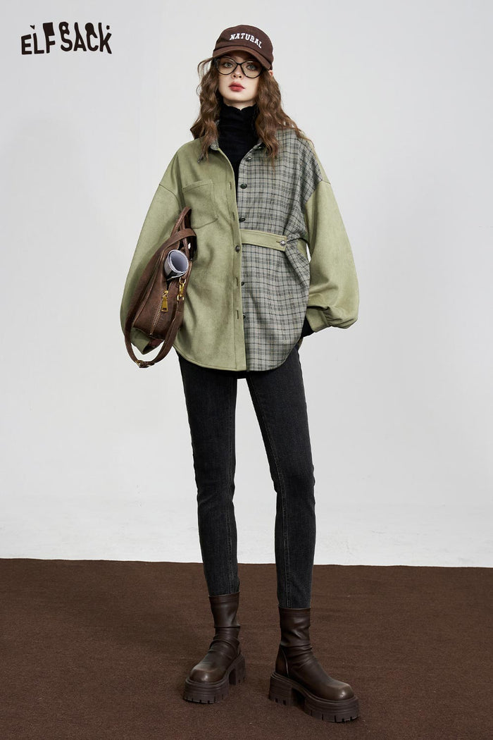 Plaid Patchwork Puff Sleeve Loose Blouse