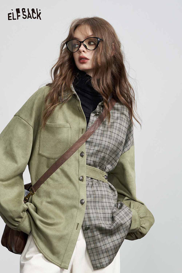 Plaid Patchwork Puff Sleeve Loose Blouse