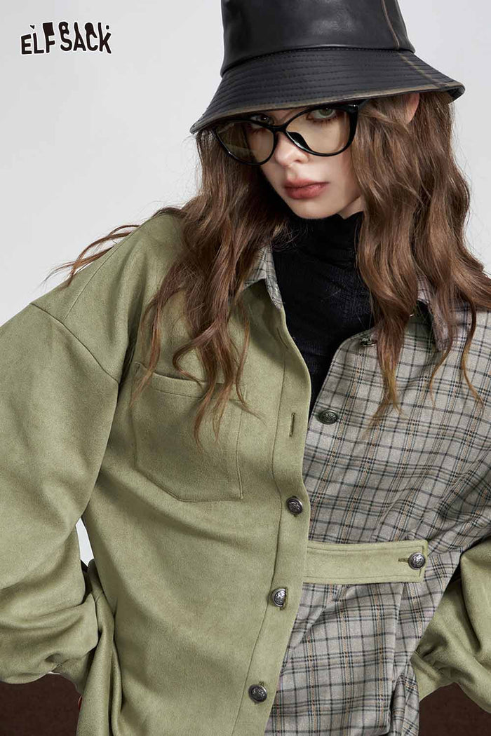 Plaid Patchwork Puff Sleeve Loose Blouse
