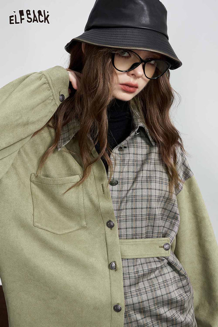 Plaid Patchwork Puff Sleeve Loose Blouse