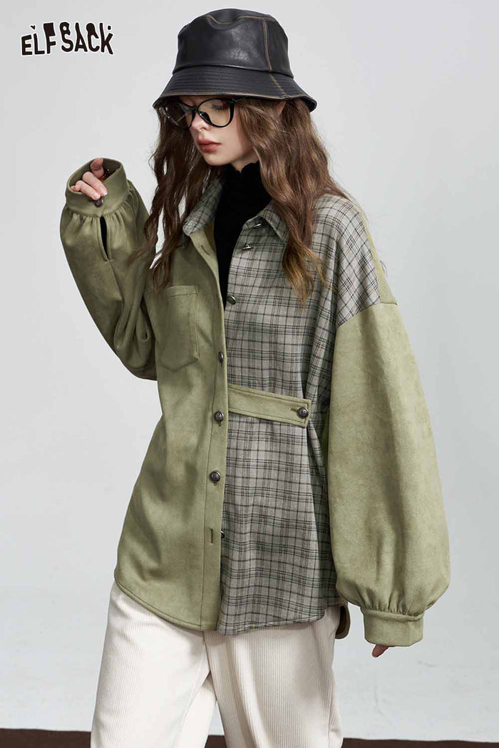 Plaid Patchwork Puff Sleeve Loose Blouse
