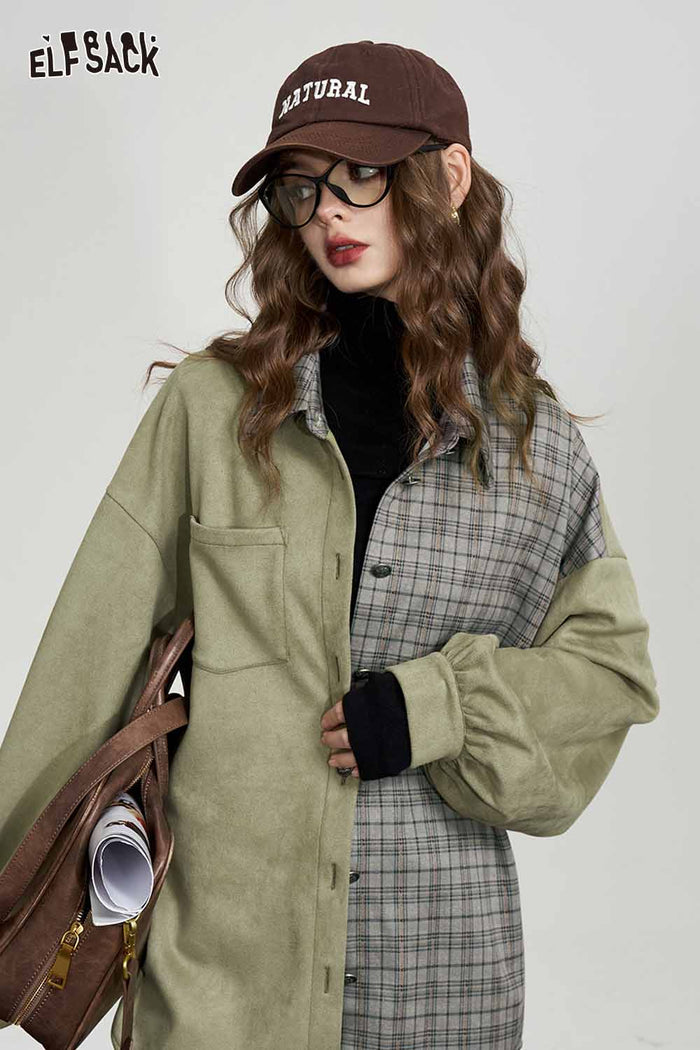 Plaid Patchwork Puff Sleeve Loose Blouse