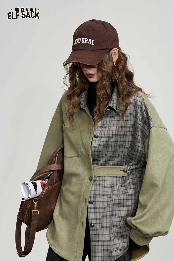 Plaid Patchwork Puff Sleeve Loose Blouse