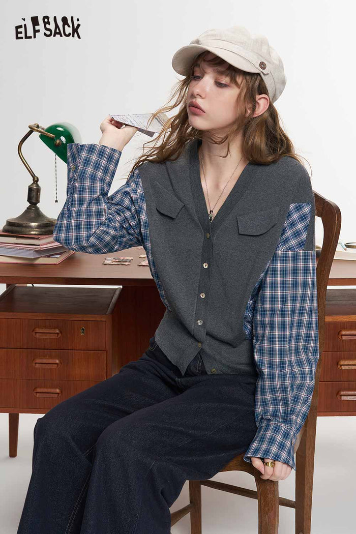 Plaid Patchwork V Neck Long Sleeve Knit Crop Cardigan