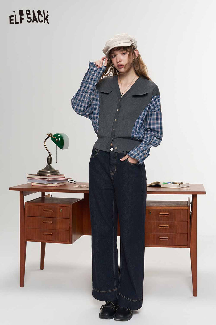 Plaid Patchwork V Neck Long Sleeve Knit Crop Cardigan