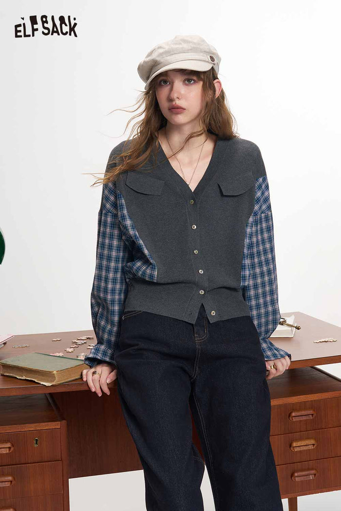 Plaid Patchwork V Neck Long Sleeve Knit Crop Cardigan