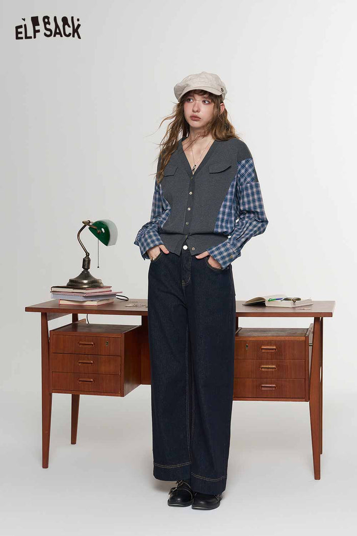 Plaid Patchwork V Neck Long Sleeve Knit Crop Cardigan