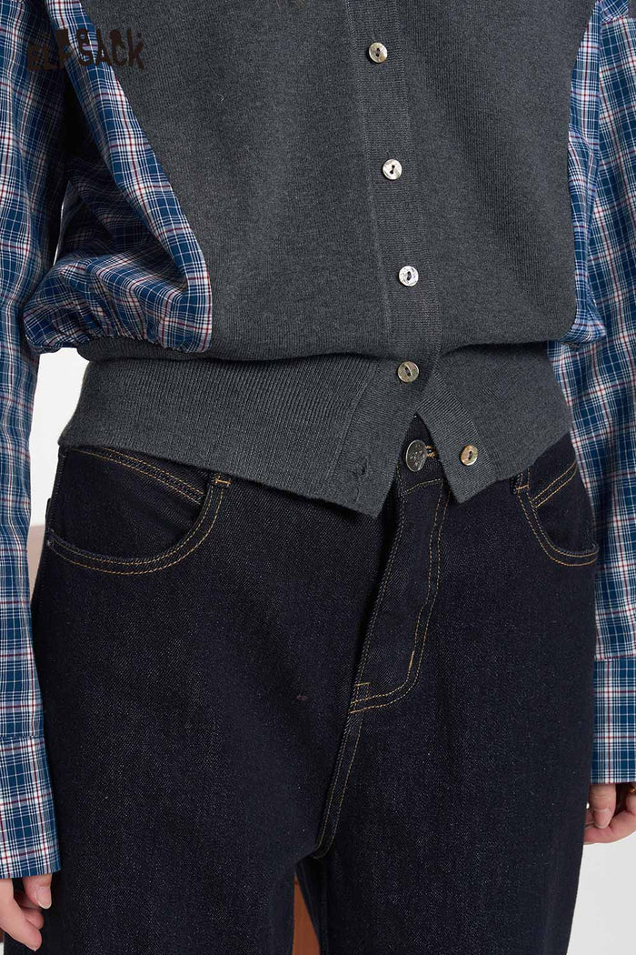 Plaid Patchwork V Neck Long Sleeve Knit Crop Cardigan