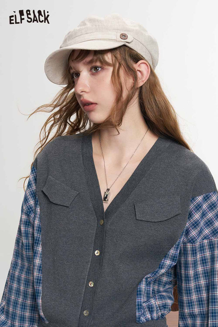 Plaid Patchwork V Neck Long Sleeve Knit Crop Cardigan