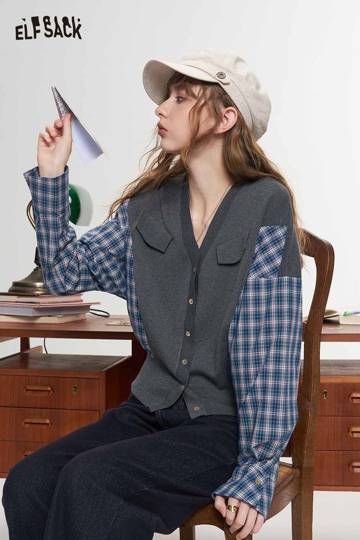 Plaid Patchwork V Neck Long Sleeve Knit Crop Cardigan