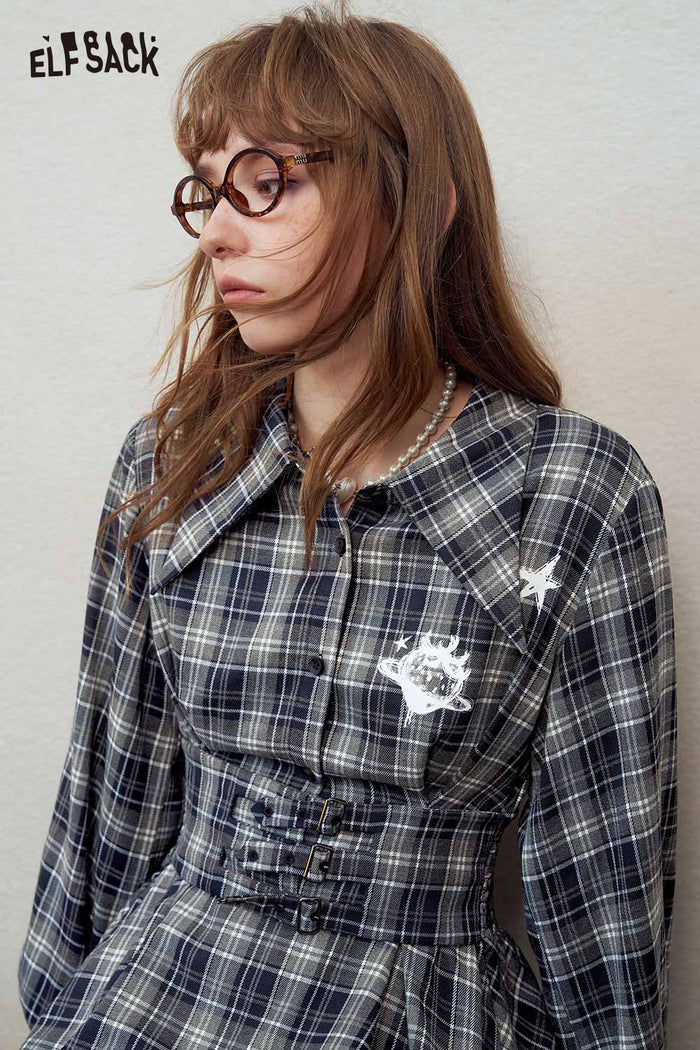 Plaid Shirt Dress with Star Print