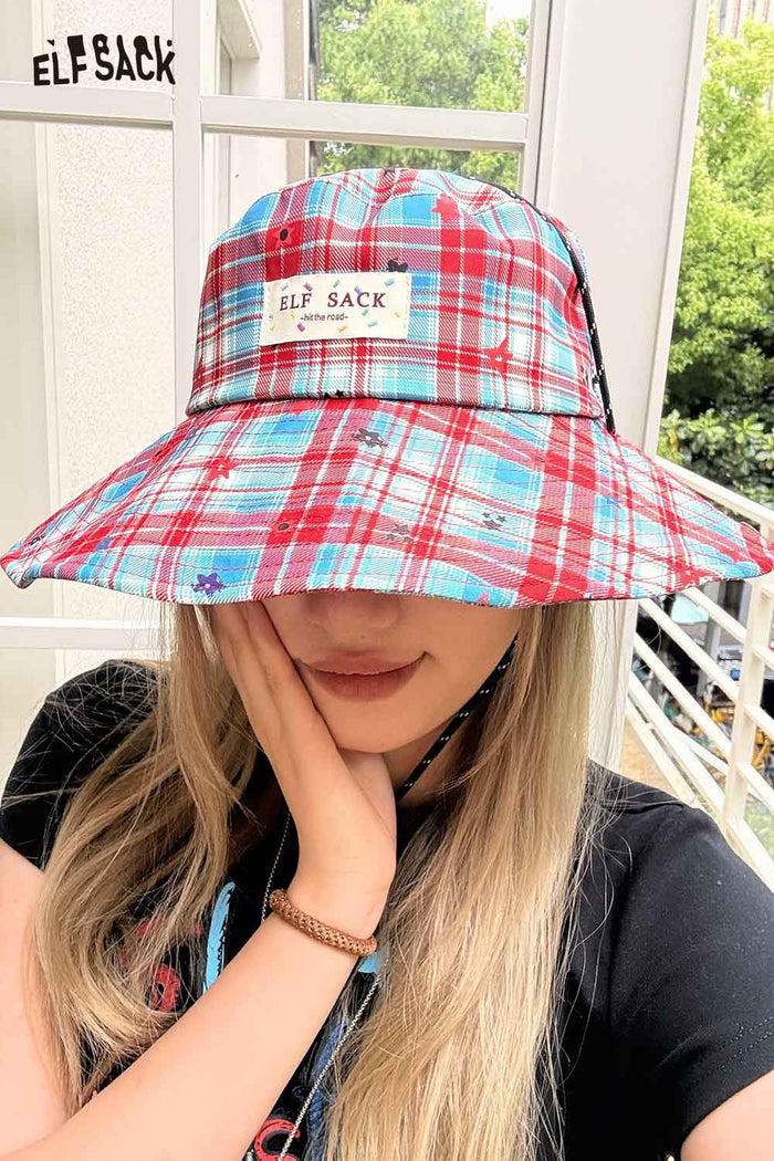ELFSACK Plaid Star Print Wide Brim Bucket Hat