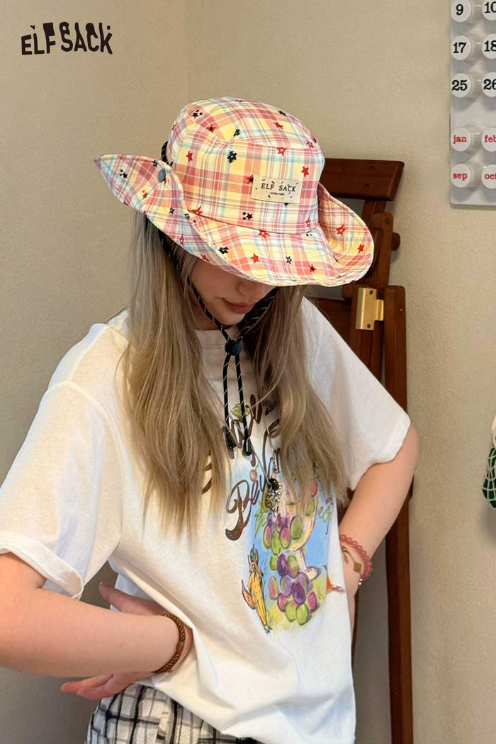 ELFSACK Plaid Star Print Wide Brim Bucket Hat