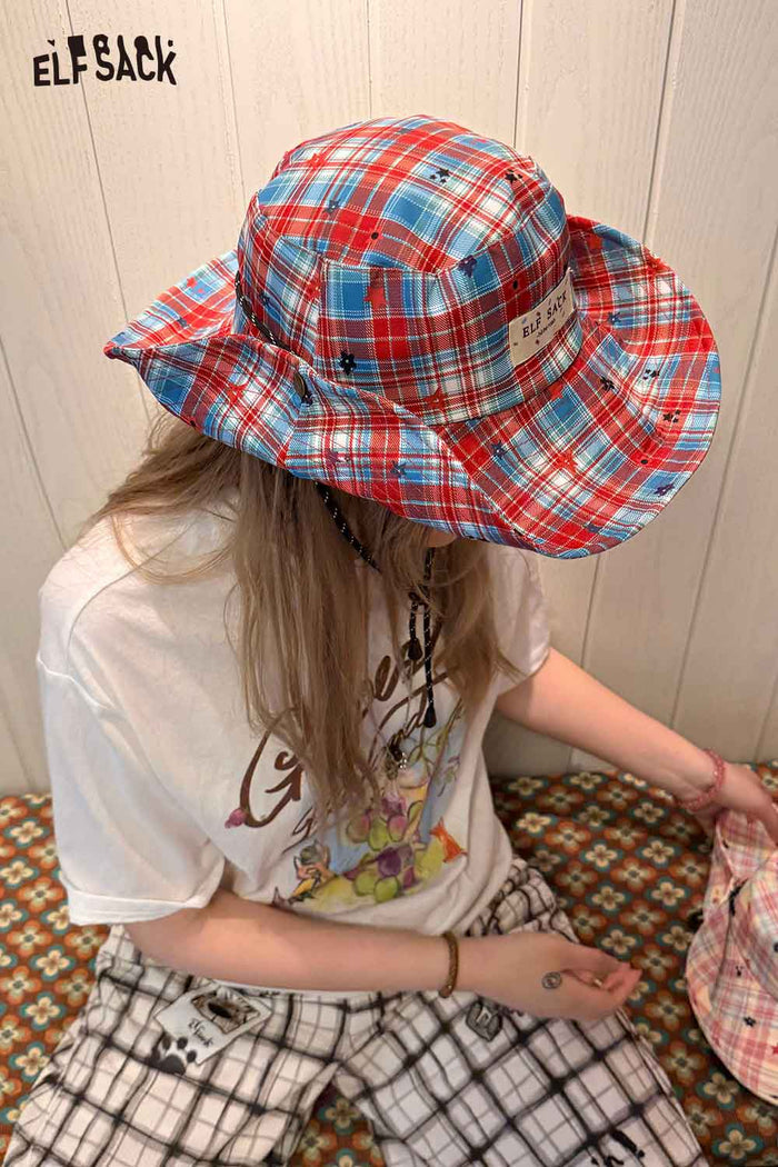 ELFSACK Plaid Star Print Wide Brim Bucket Hat