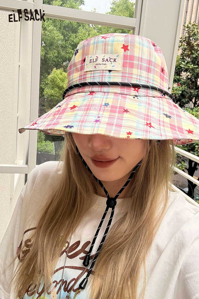 ELFSACK Plaid Star Print Wide Brim Bucket Hat