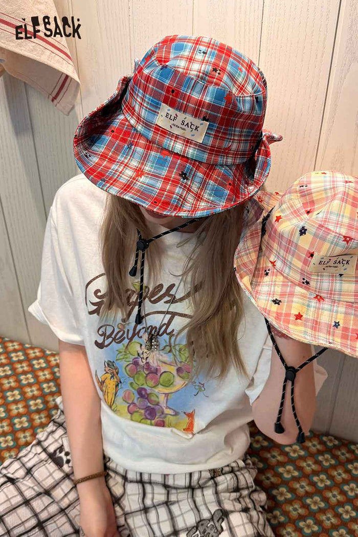 ELFSACK Plaid Star Print Wide Brim Bucket Hat