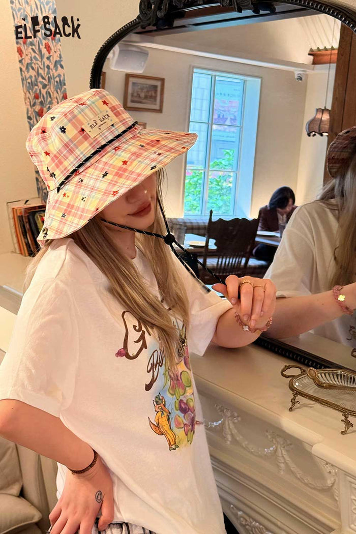 ELFSACK Plaid Star Print Wide Brim Bucket Hat