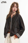 Plaid Trim Brown Collarless Short Jacket