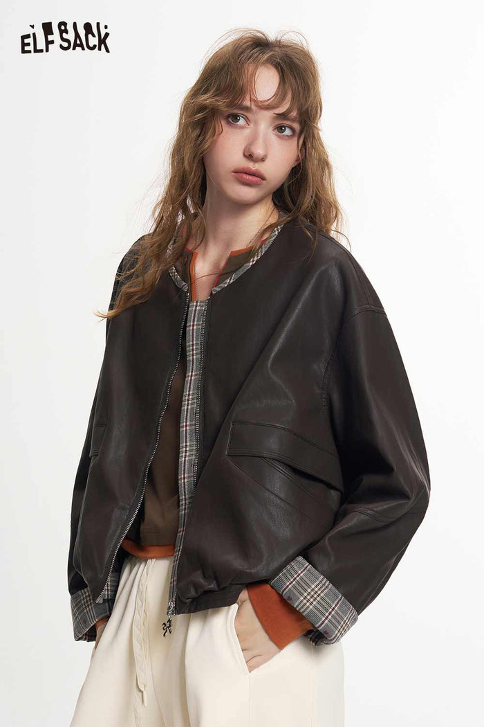 Plaid Trim Brown Collarless Short Jacket