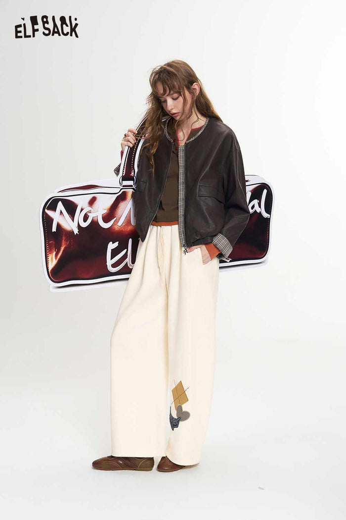 Plaid Trim Brown Collarless Short Jacket
