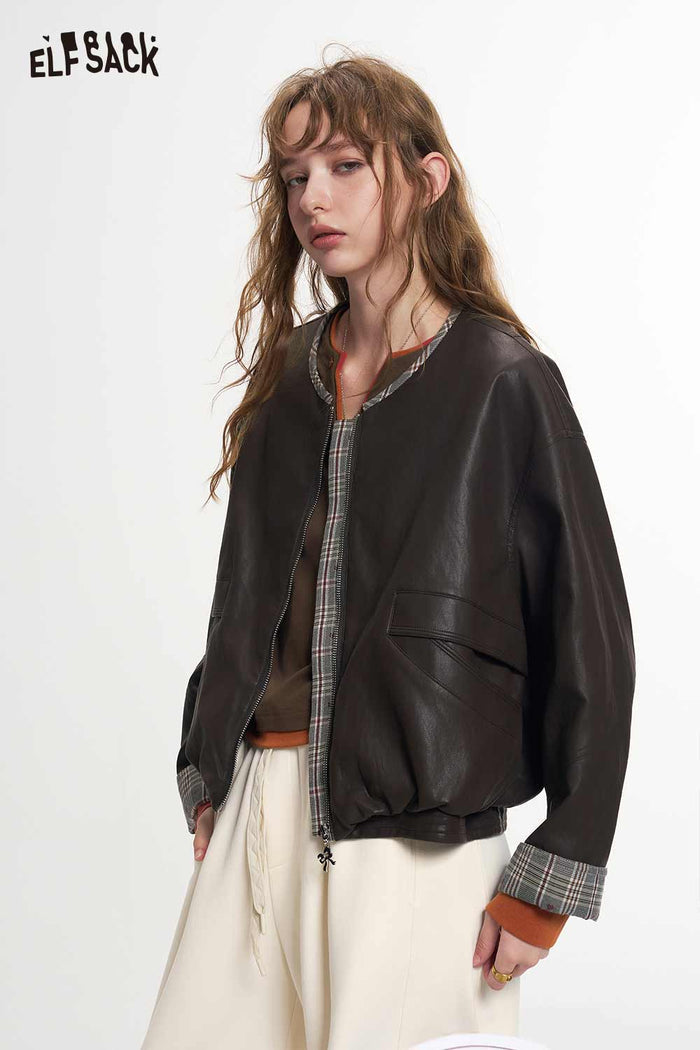 Plaid Trim Brown Collarless Short Jacket