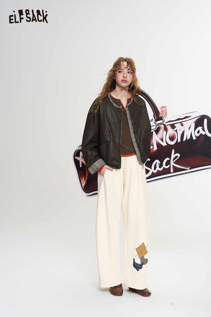 Plaid Trim Brown Collarless Short Jacket
