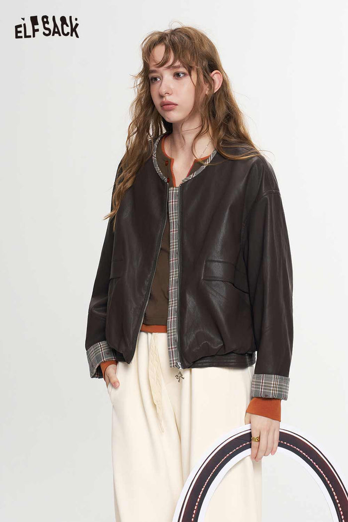 Plaid Trim Brown Collarless Short Jacket