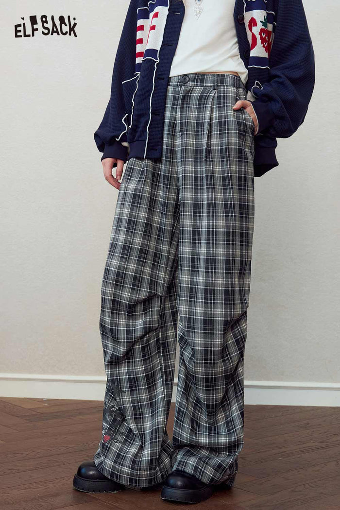 Plaid Wide Leg Pants Cartoon Print