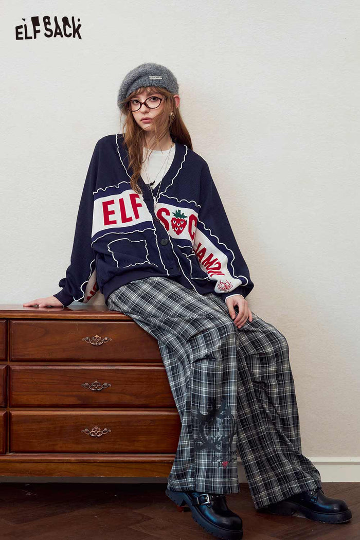 Plaid Wide Leg Pants Cartoon Print