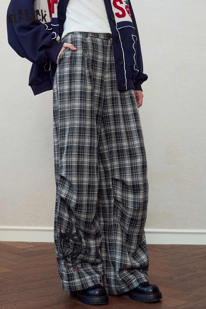 Plaid Wide Leg Pants Cartoon Print