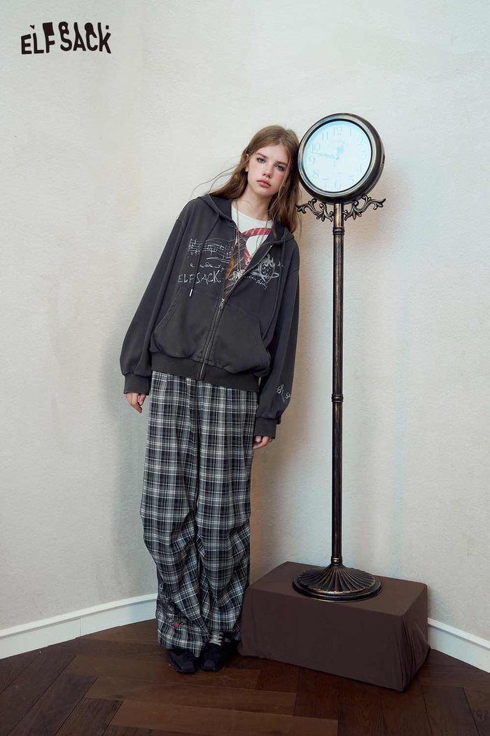 Plaid Wide Leg Pants Cartoon Print